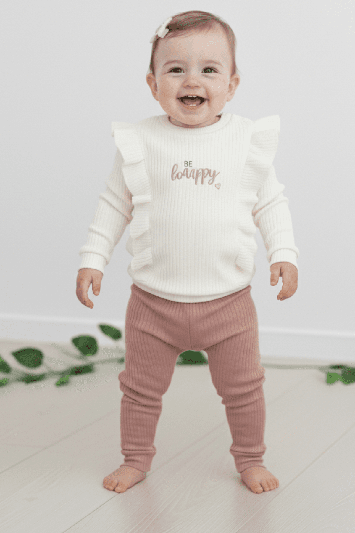 Kız Bebek Happt Baskılı, Fitilli Kumaş, Mevsimlik 6-9-12-18-24 Ay Günlük 2'li Alt Üst Takım R2134 - EKRU