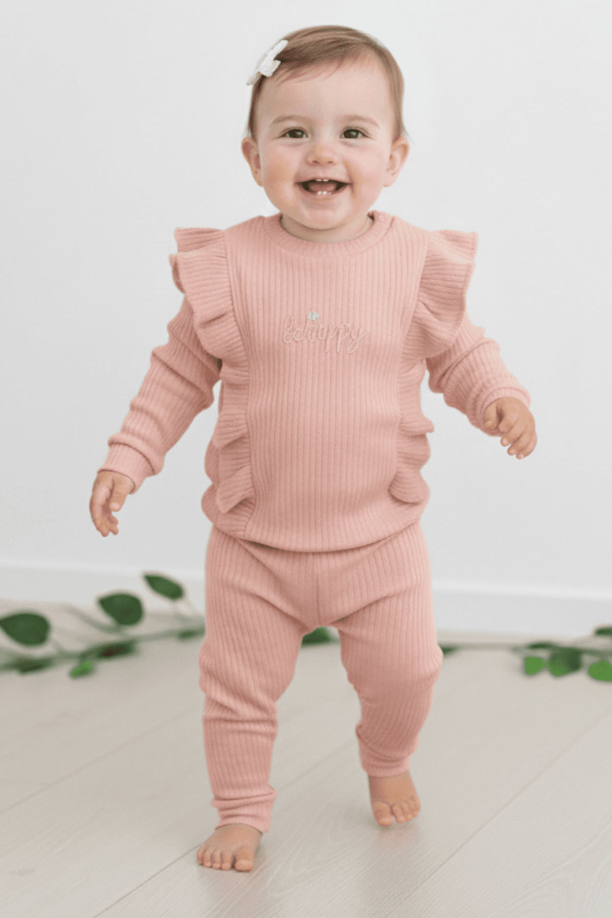 Kız Bebek Happt Baskılı, Fitilli Kumaş, Mevsimlik 6-9-12-18-24 Ay Günlük 2'li Alt Üst Takım R2134 - GÜL KURUSU