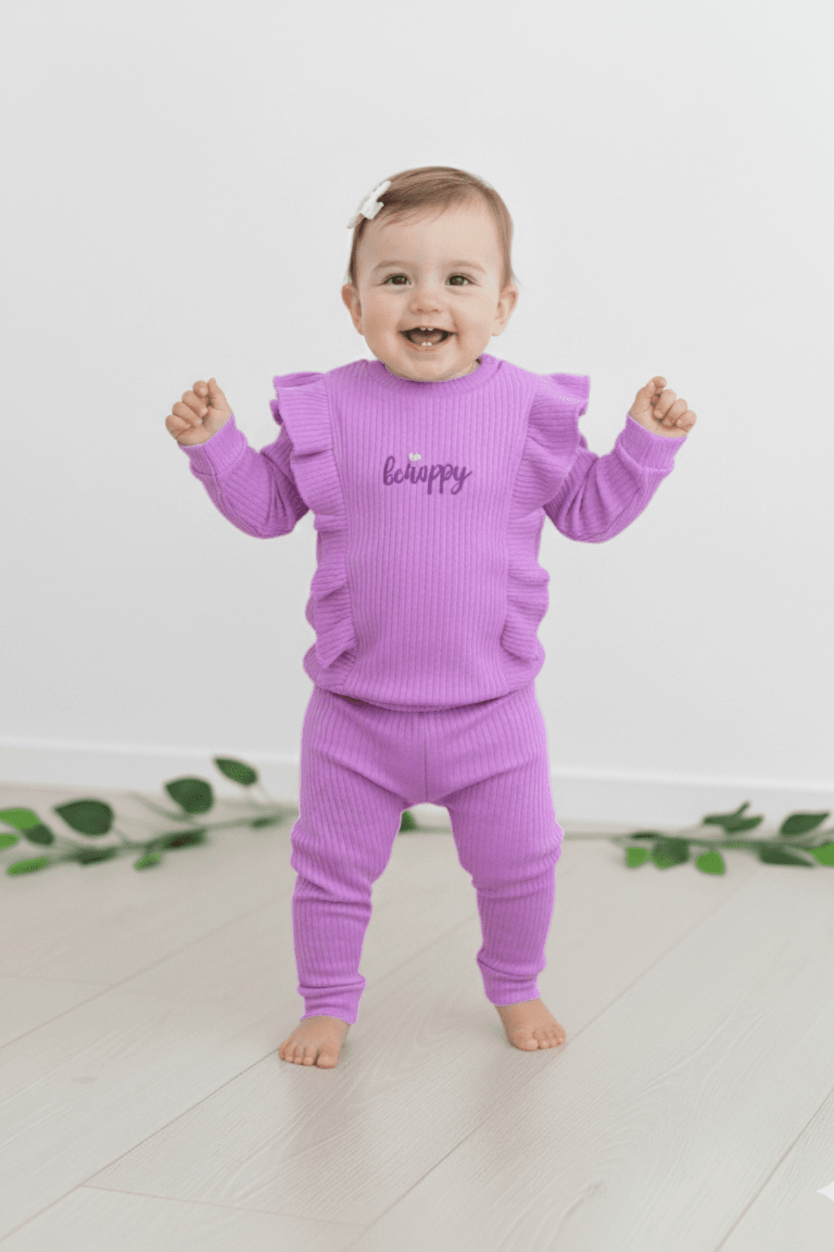 Kız Bebek Happt Baskılı, Fitilli Kumaş, Mevsimlik 6-9-12-18-24 Ay Günlük 2'li Alt Üst Takım R2134 - MOR