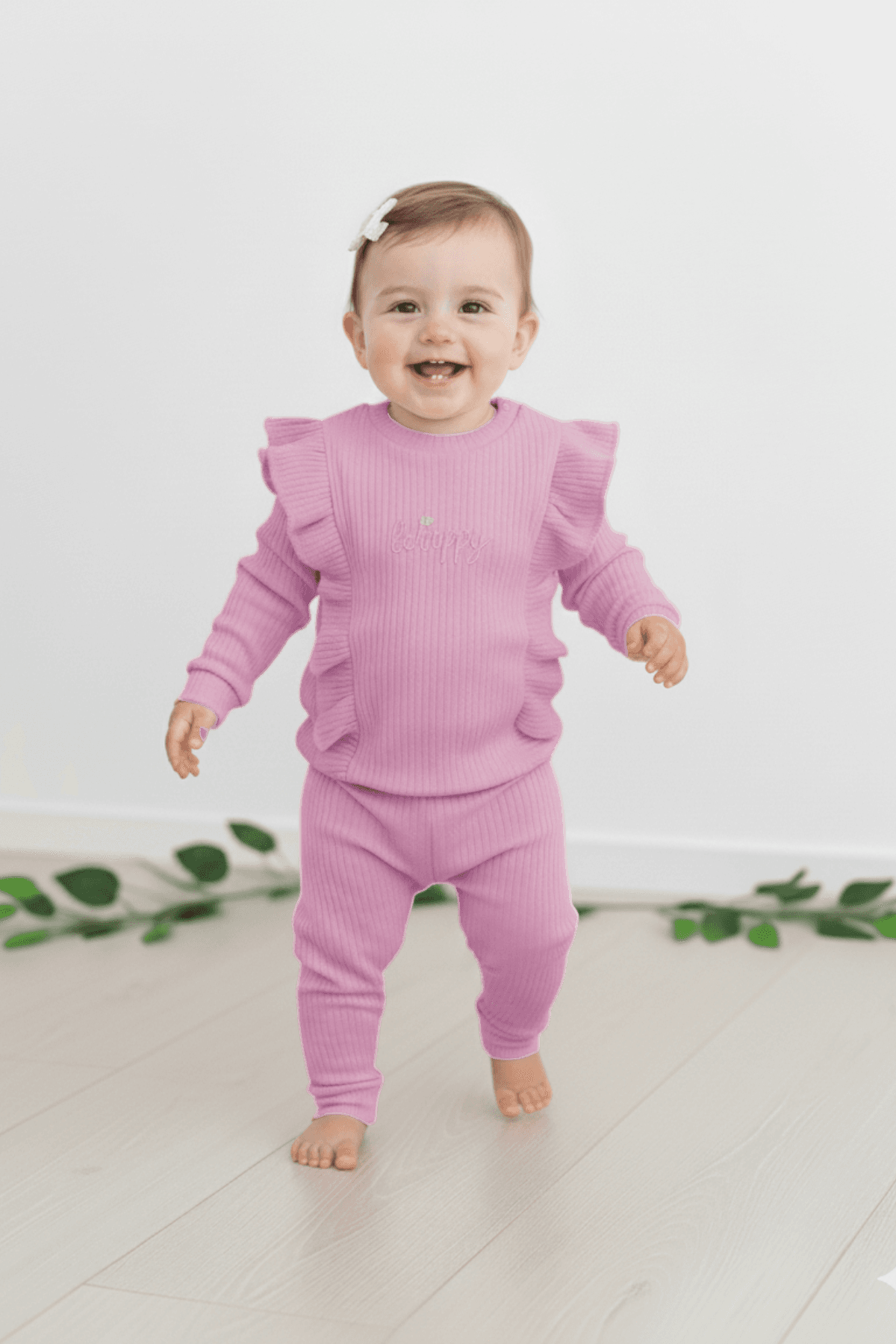 Kız Bebek Happt Baskılı, Fitilli Kumaş, Mevsimlik 6-9-12-18-24 Ay Günlük 2'li Alt Üst Takım R2134 - MÜRDÜM