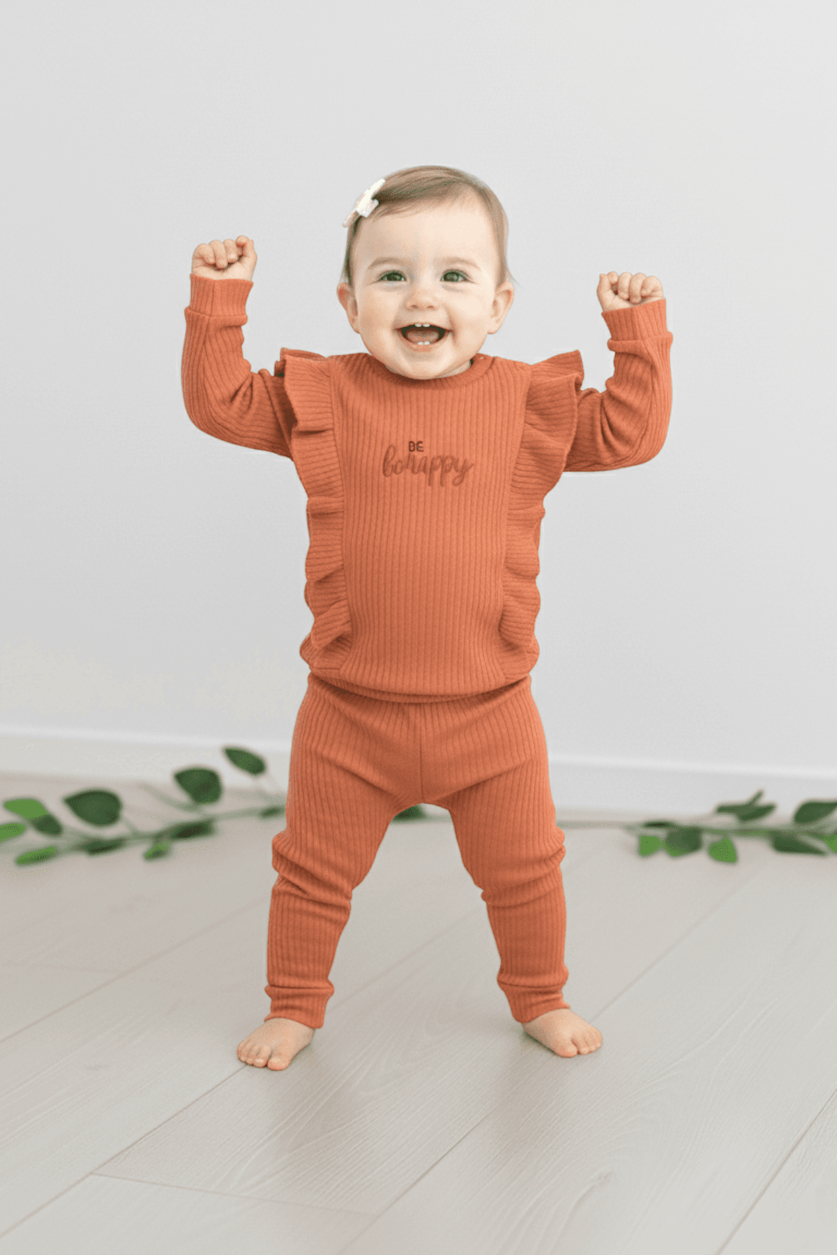 Kız Bebek Happt Baskılı, Fitilli Kumaş, Mevsimlik 6-9-12-18-24 Ay Günlük 2'li Alt Üst Takım R2134 - TURUNCU