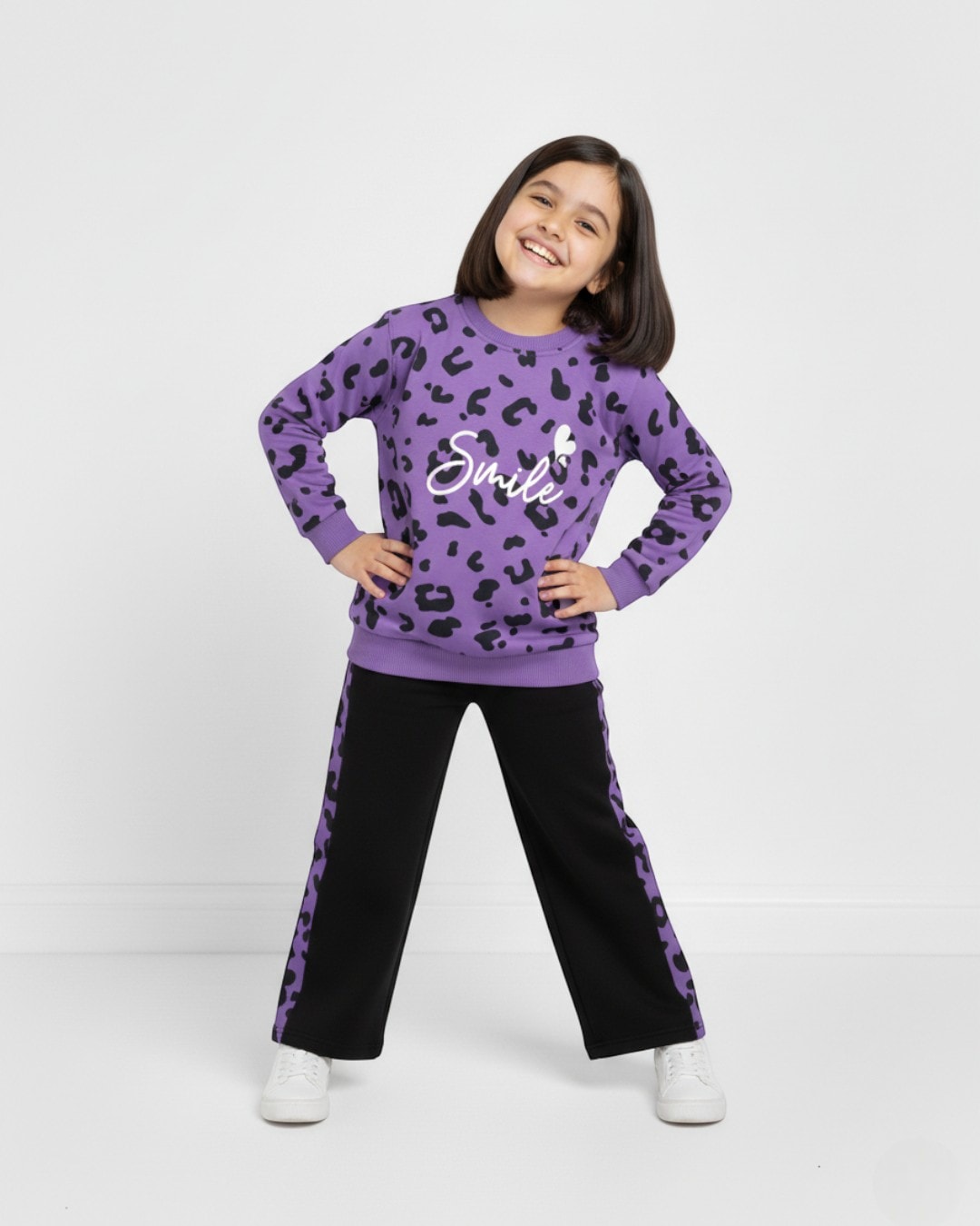 Kız Çocuk Smile Baskılı Sweatshirt, Geniş Paça Eşofman Altlı , 2 İplik 3-10 Yaş Kız Eşofman Takımı R2123 - MOR