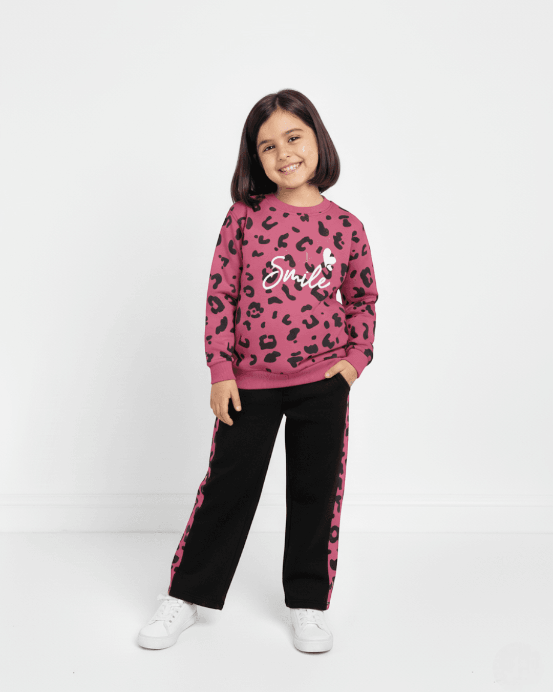 Kız Çocuk Smile Baskılı Sweatshirt, Geniş Paça Eşofman Altlı , 2 İplik 3-10 Yaş Kız Eşofman Takımı R2123 - PEMBE