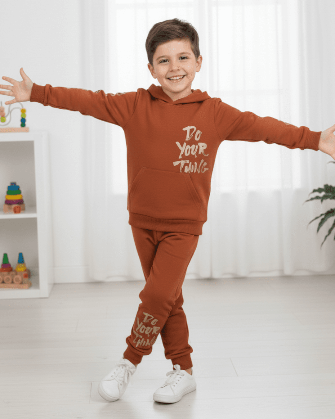 Erkek Çocuk Mevsimlik Kapüşonlu Baskılı Sweatshirt ve Eşofman Altlı 2-10 Yaş Eşofman Takımı R2115 - KİREMİT
