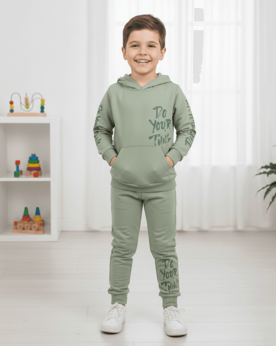 Erkek Çocuk Mevsimlik Kapüşonlu Baskılı Sweatshirt ve Eşofman Altlı 2-10 Yaş Eşofman Takımı R2115 - YEŞİL