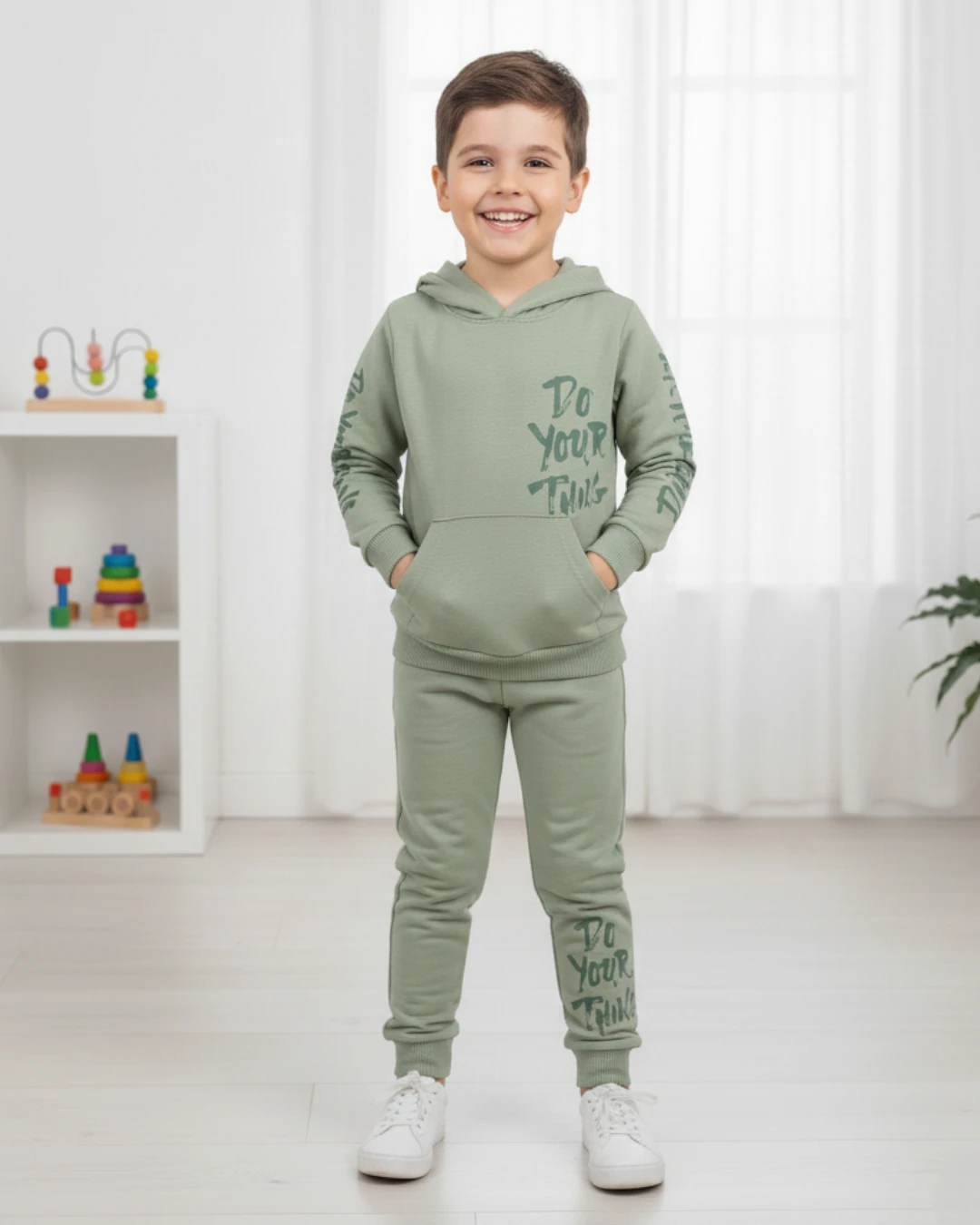 Erkek Çocuk Mevsimlik Kapüşonlu Baskılı Sweatshirt ve Eşofman Altlı 2-10 Yaş Eşofman Takımı R2115 - YEŞİL