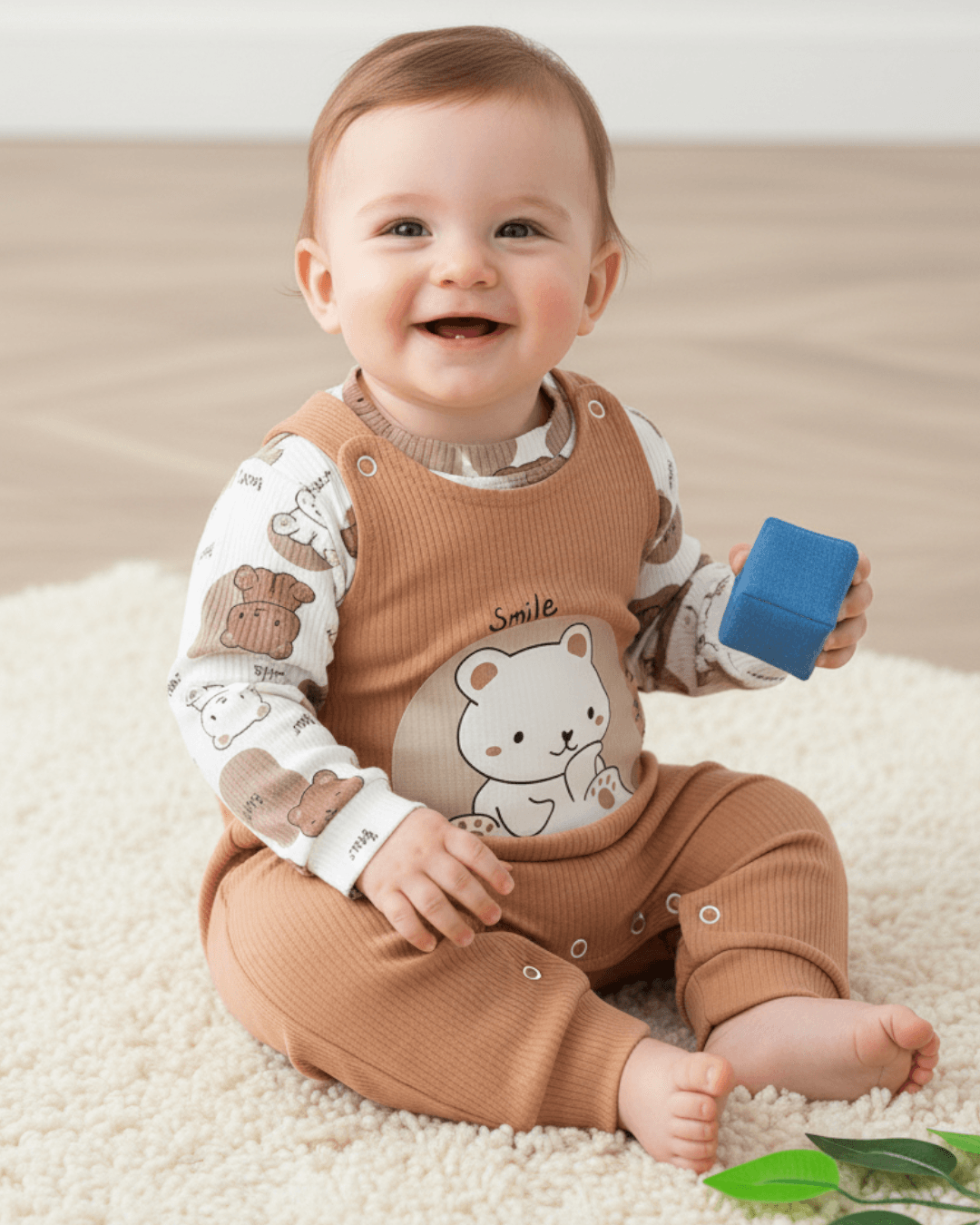 Erkek Bebek 0-3-6-9 Ay Ayı Baskılı Salopet / Bahçıvan Tulum ve İç Badili Takım R2005 - KAHVE