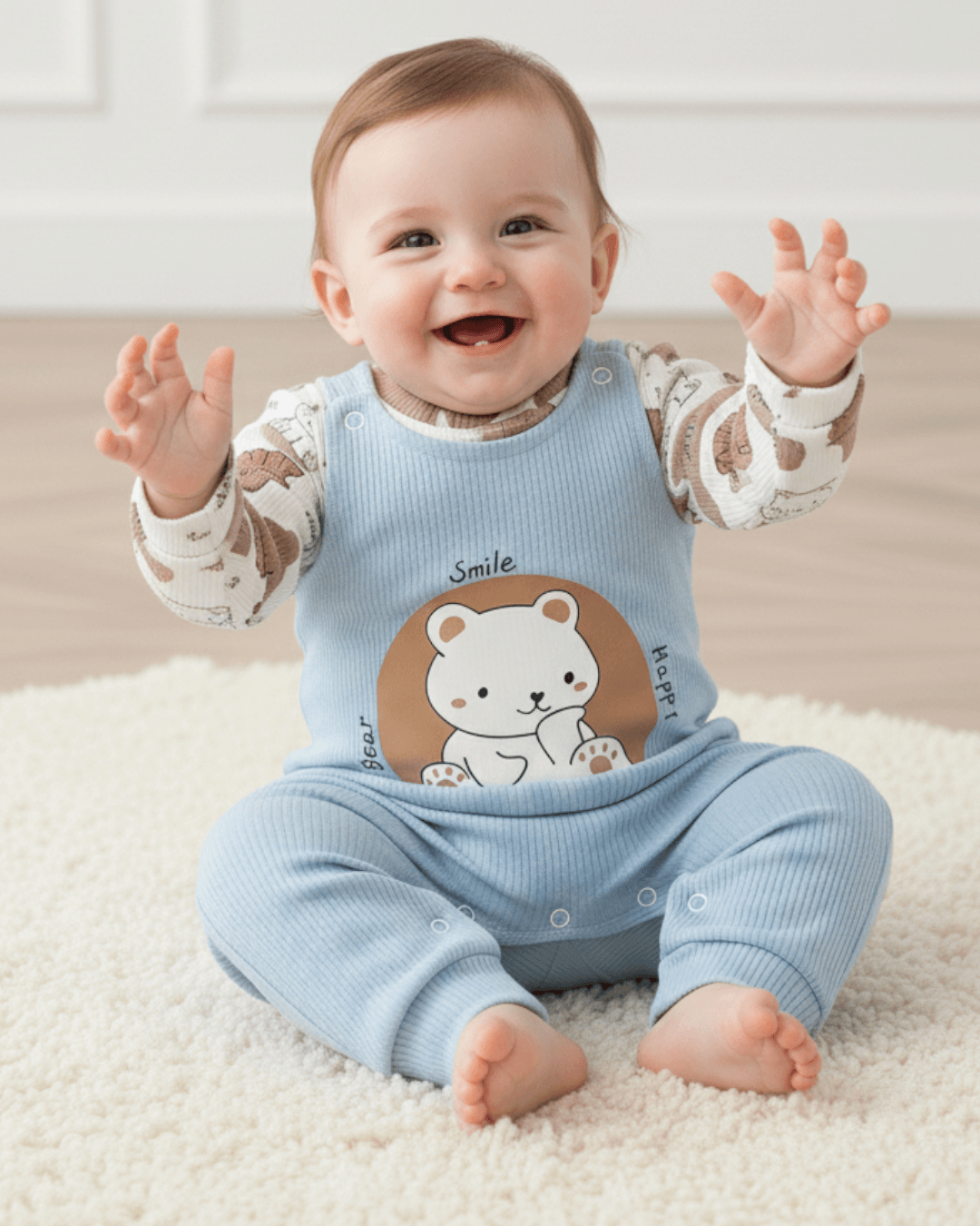 Erkek Bebek 0-3-6-9 Ay Ayı Baskılı Salopet / Bahçıvan Tulum ve İç Badili Takım R2005 - MAVİ