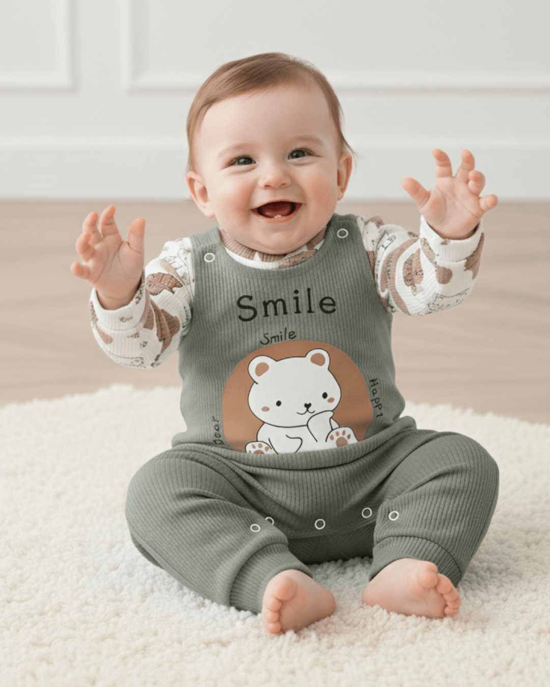 Erkek Bebek 0-3-6-9 Ay Ayı Baskılı Salopet / Bahçıvan Tulum ve İç Badili Takım R2005 - YEŞİL