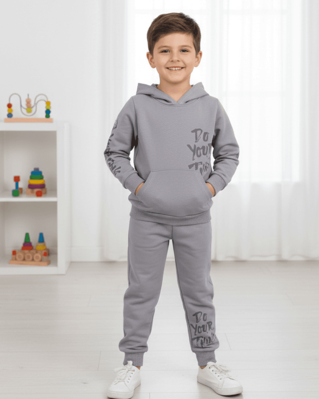 Erkek Çocuk Mevsimlik Kapüşonlu Baskılı Sweatshirt ve Eşofman Altlı 2-10 Yaş Eşofman Takımı R2115 - GRİ