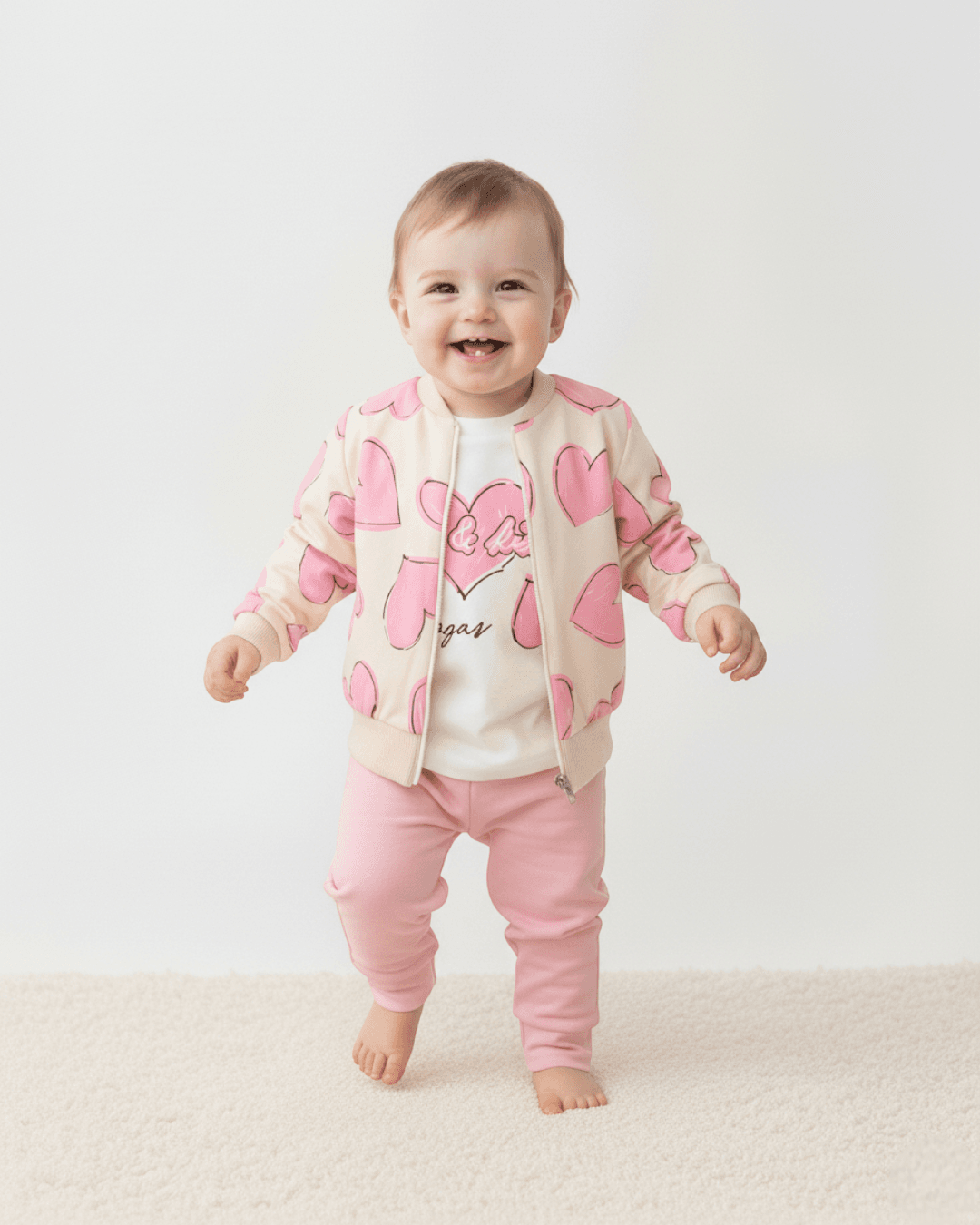 Kız Bebek Mevsimlik 3’lü Takım – Kalp Baskılı Ceket, Uzun Kollu Badi ve Alt – 6-24 Ay R1989 - PEMBE