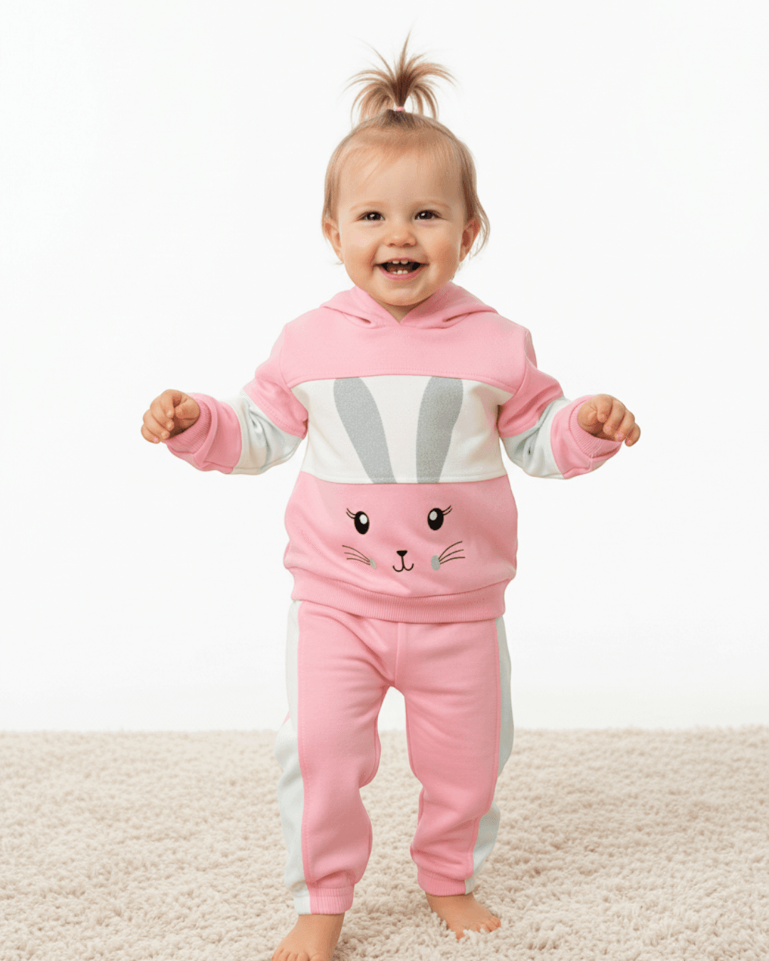 Kız Bebek Tavşan Baskılı Sweathirt Takımı / Alt Üst Takım R2223 - PEMBE