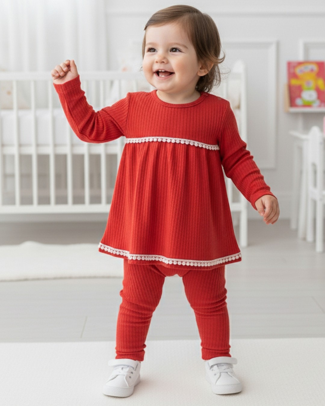Kız Bebek 6-9-12-18-24 Aylık Fitilli Dantel Güpürlü %100 Pamuklu Mevsimlik Bebek Takımı R960 - KIRMIZI