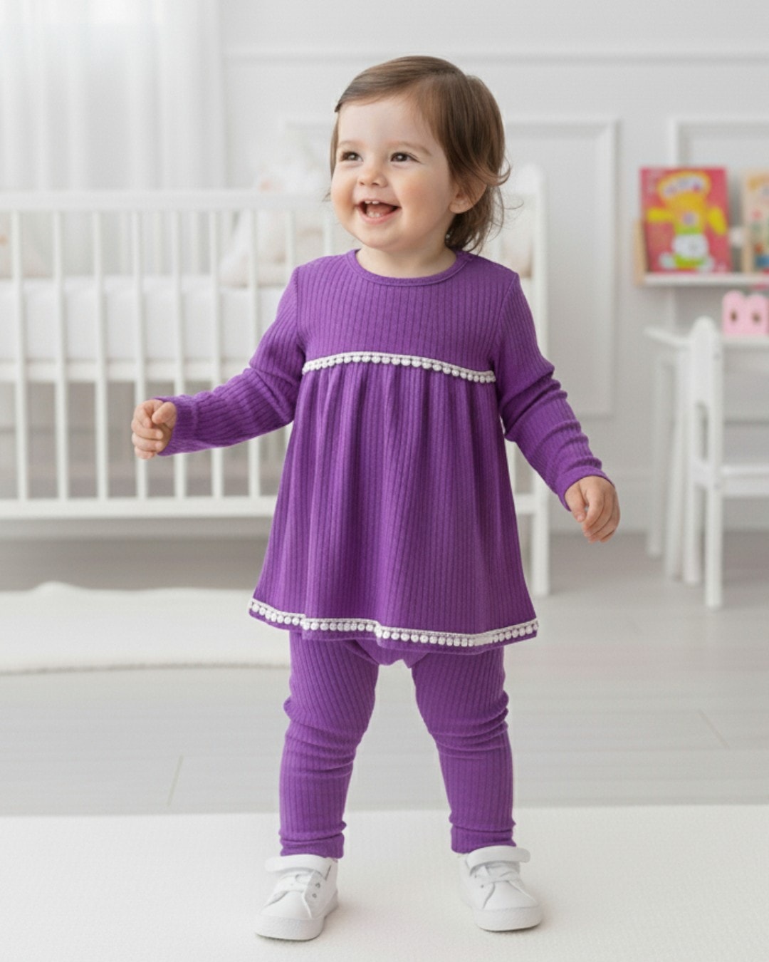 Kız Bebek 6-9-12-18-24 Aylık Fitilli Dantel Güpürlü %100 Pamuklu Mevsimlik Bebek Takımı R960 - MOR