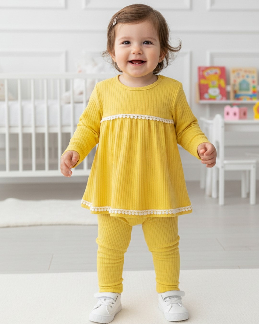 Kız Bebek 6-9-12-18-24 Aylık Fitilli Dantel Güpürlü %100 Pamuklu Mevsimlik Bebek Takımı R960 - SARI