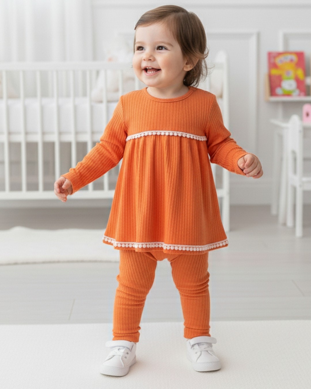 Kız Bebek 6-9-12-18-24 Aylık Fitilli Dantel Güpürlü %100 Pamuklu Mevsimlik Bebek Takımı R960 - TURUNCU
