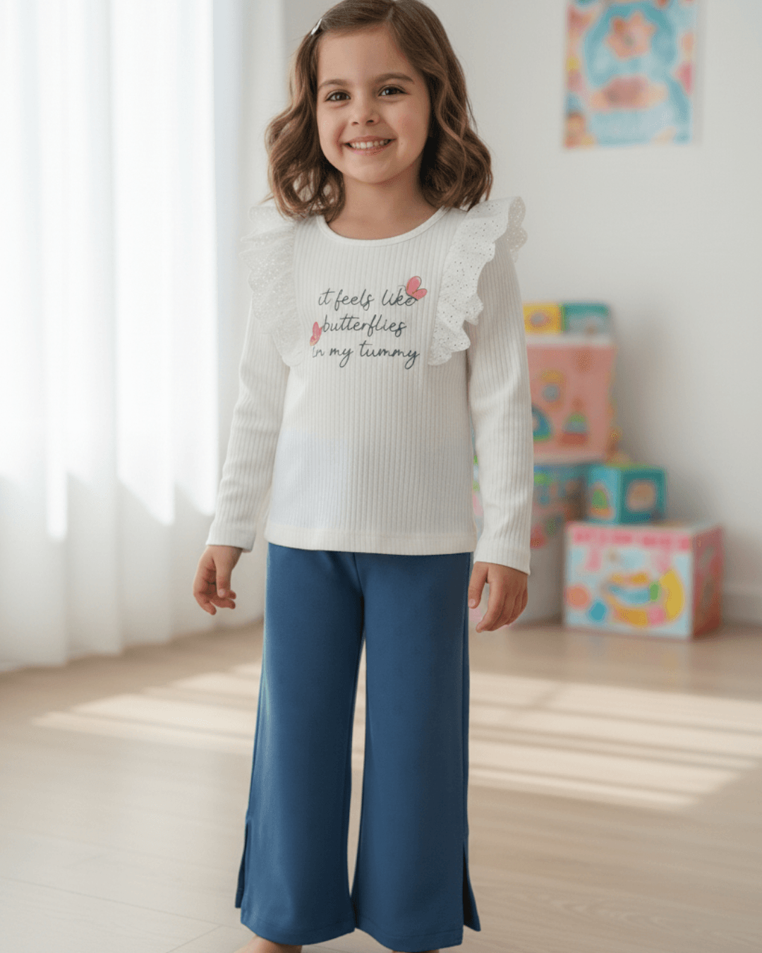 Kız Çocuk 2-6 Yaş Mevsimlik Fistolu Uzun Kollu Bisiklet Yakalı Ayrobin Pantalonlu İnce Takım R972 - İndigo