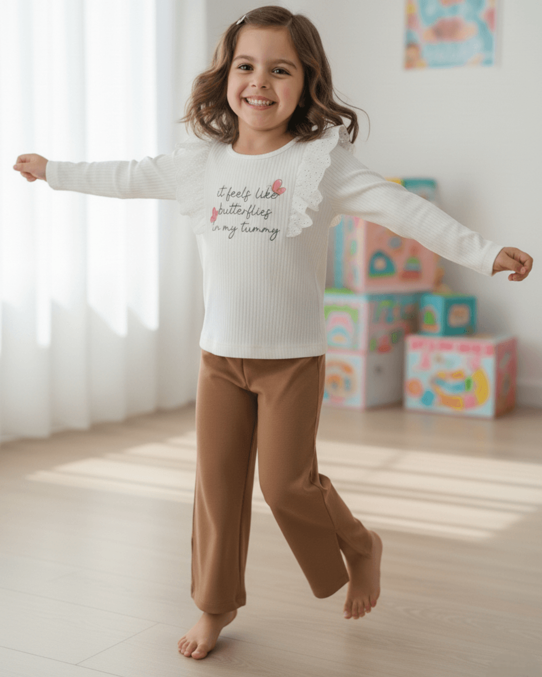 Kız Çocuk 2-6 Yaş Mevsimlik Fistolu Uzun Kollu Bisiklet Yakalı Ayrobin Pantalonlu İnce Takım R972 - KAHVE