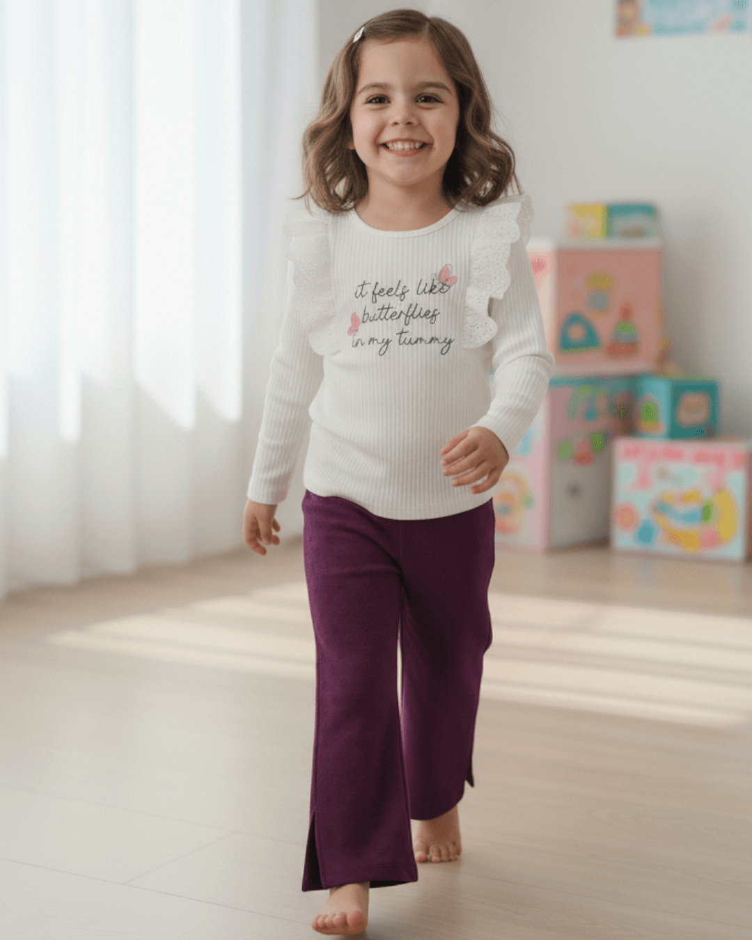 Kız Çocuk 2-6 Yaş Mevsimlik Fistolu Uzun Kollu Bisiklet Yakalı Ayrobin Pantalonlu İnce Takım R972 - PATLICAN MORU