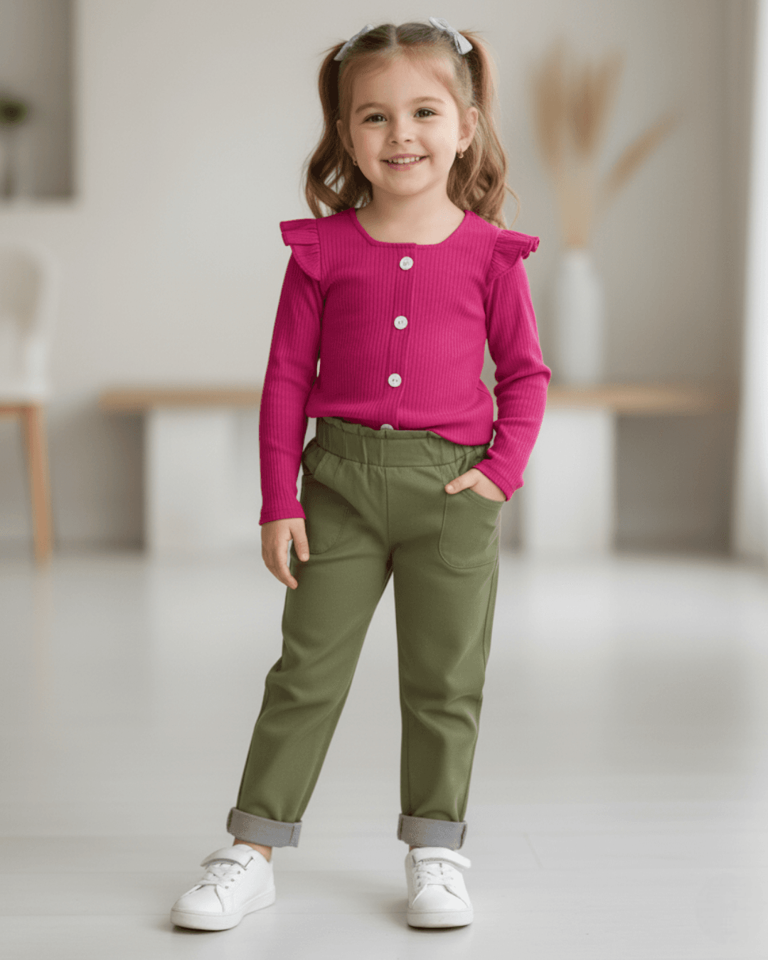 Kız Çocuk 2-3-4-5-6 Yaş Keten Pantalonlu, Fitilli Crop Bluzlu Mevsimlik Alt Üst Takım R981 - FUŞYA