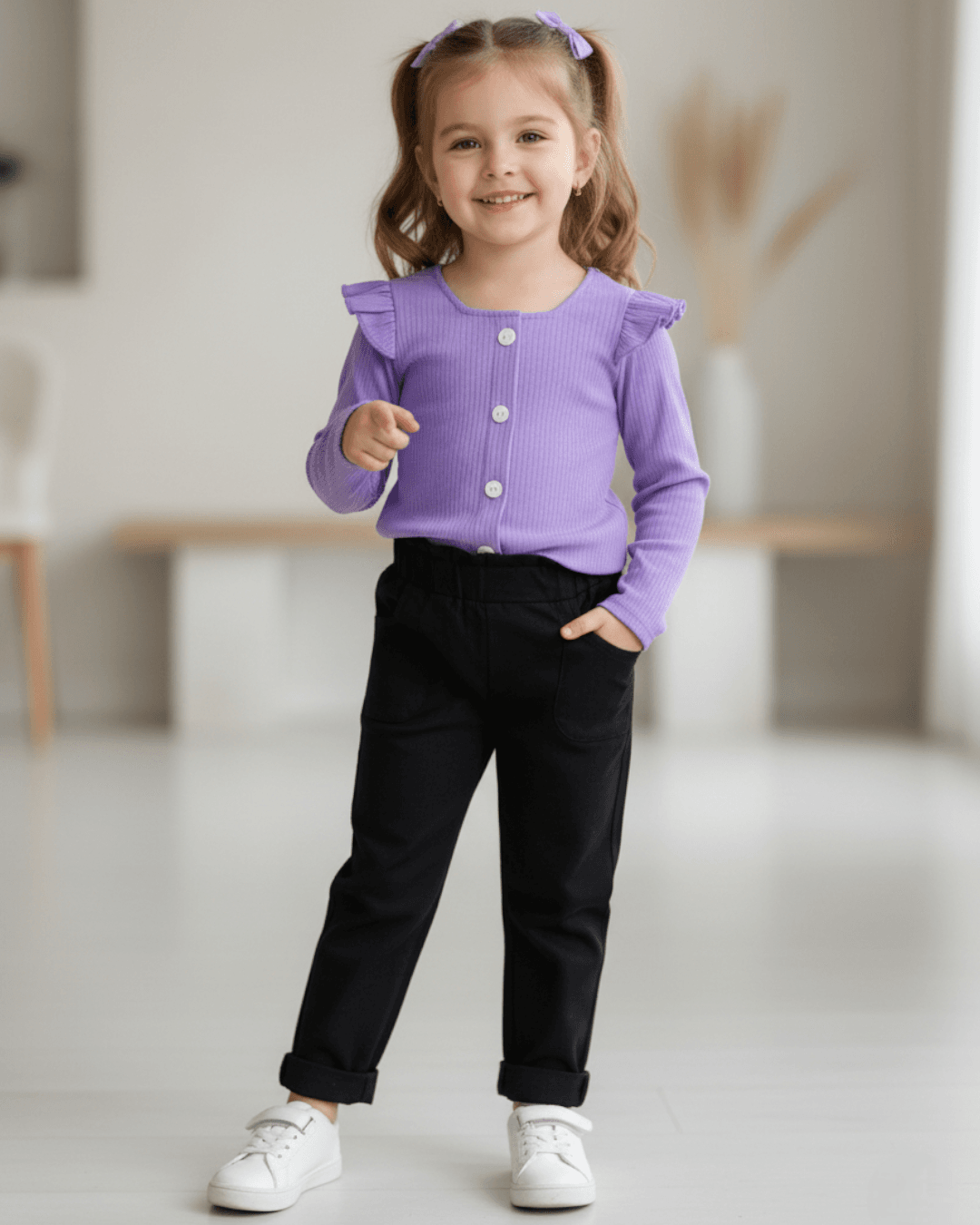 Kız Çocuk 2-3-4-5-6 Yaş Keten Pantalonlu, Fitilli Crop Bluzlu Mevsimlik Alt Üst Takım R981 - LİLA