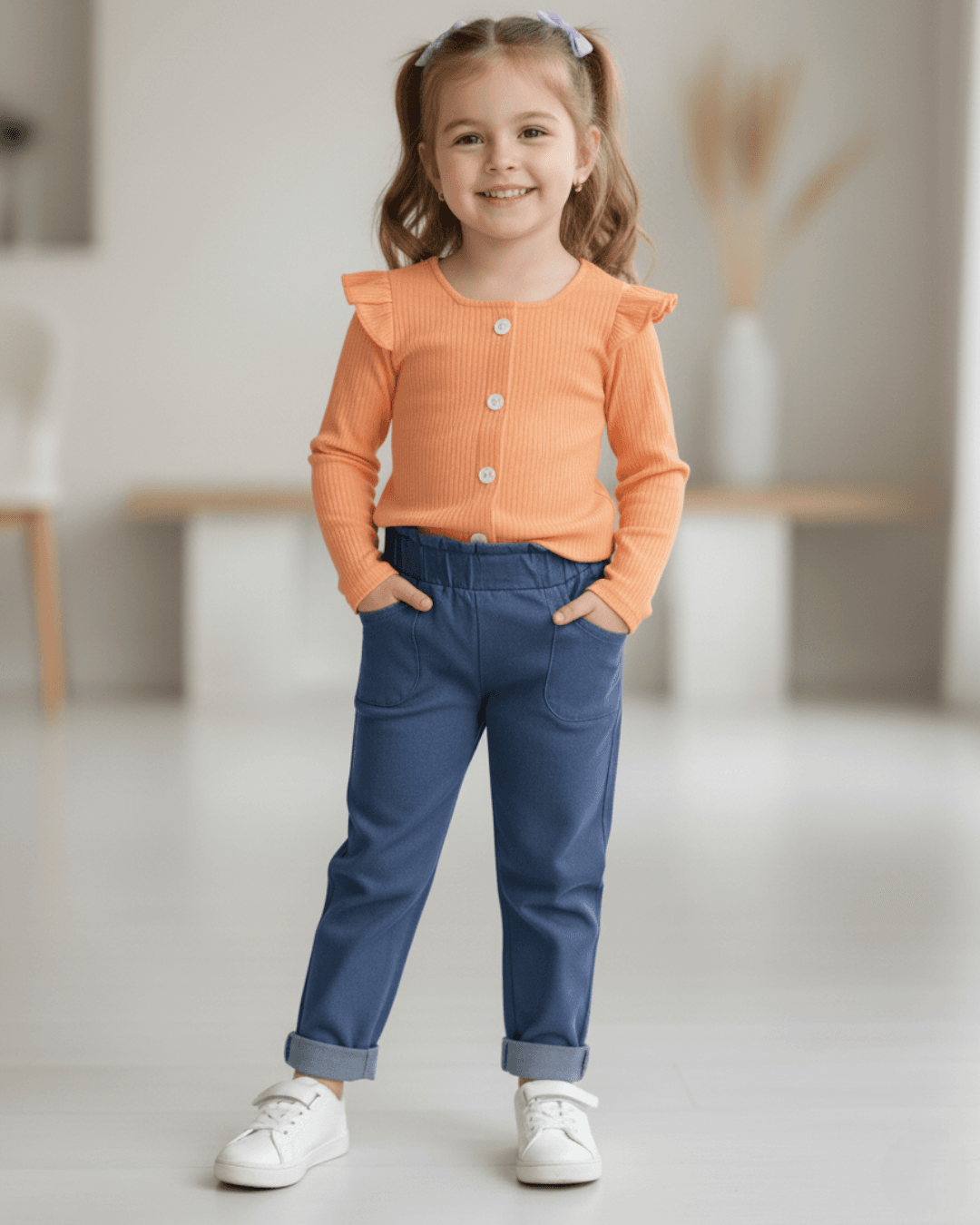 Kız Çocuk 2-3-4-5-6 Yaş Keten Pantalonlu, Fitilli Crop Bluzlu Mevsimlik Alt Üst Takım R981 - TURUNCU