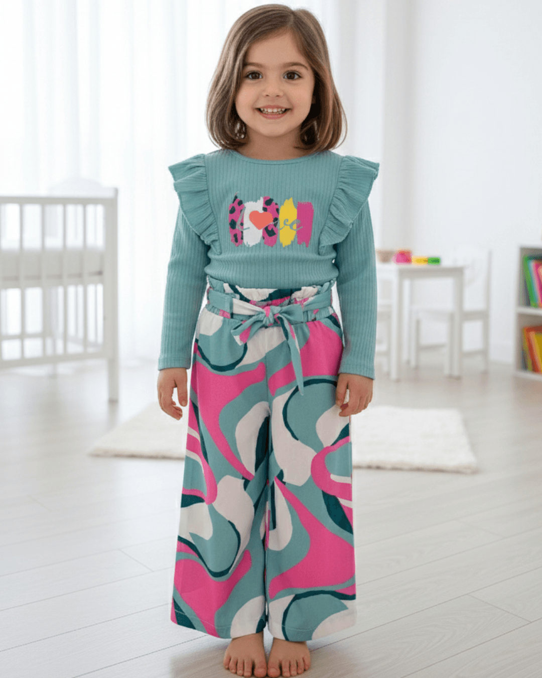 Kız Çocuk 2-3-4-5-6 Yaş, Mevsimlik Fırfırlı Tiril Tiril Dokuma Pantalonlu  Alt Üst Takım R983 - MİNT