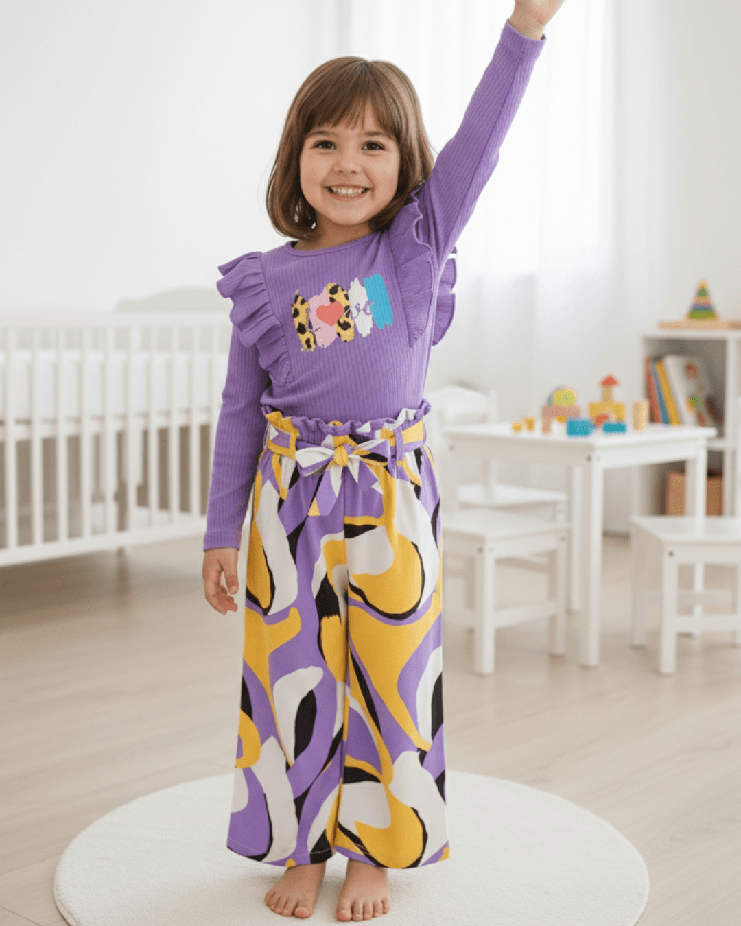 Kız Çocuk 2-3-4-5-6 Yaş, Mevsimlik Fırfırlı Tiril Tiril Dokuma Pantalonlu  Alt Üst Takım R983 - MOR
