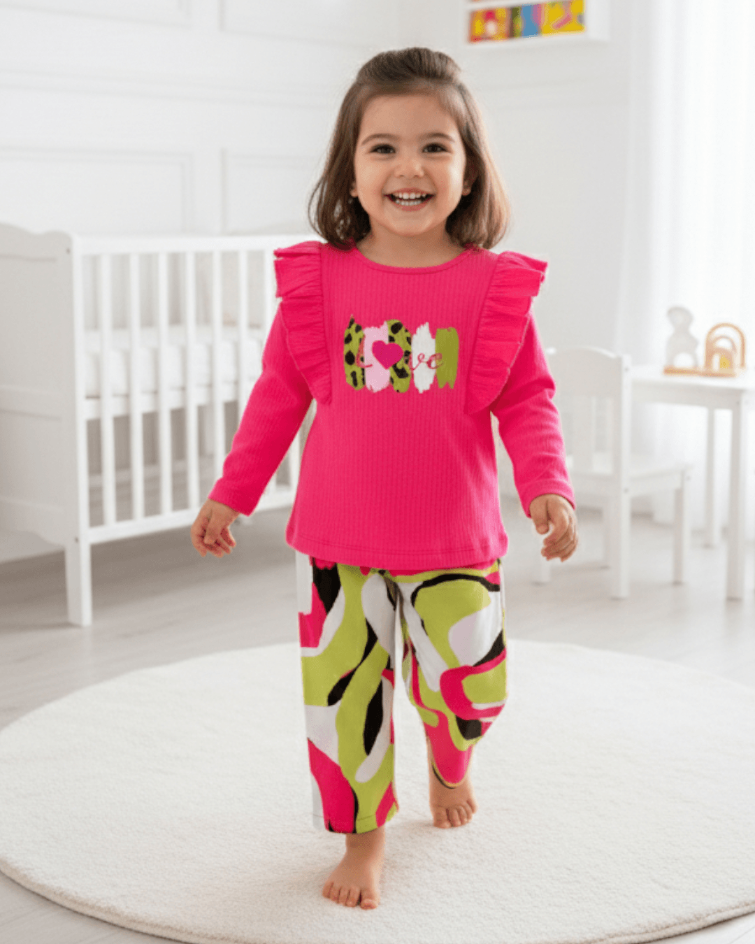 Kız Çocuk 2-3-4-5-6 Yaş, Mevsimlik Fırfırlı Tiril Tiril Dokuma Pantalonlu  Alt Üst Takım R983 - PEMBE