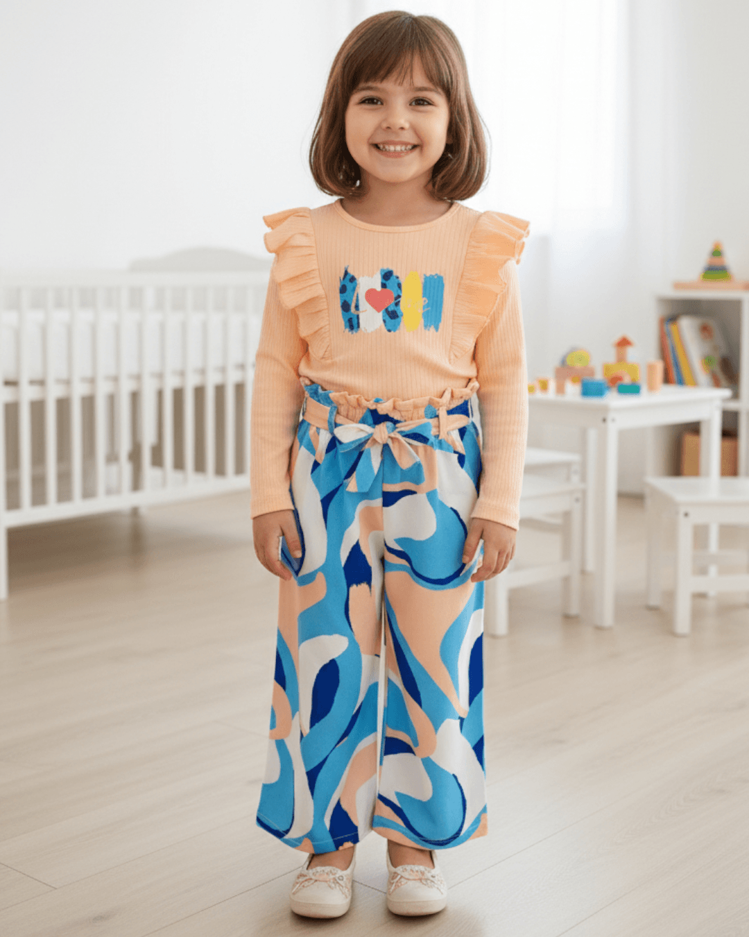 Kız Çocuk 2-3-4-5-6 Yaş, Mevsimlik Fırfırlı Tiril Tiril Dokuma Pantalonlu  Alt Üst Takım R983 - SOMON