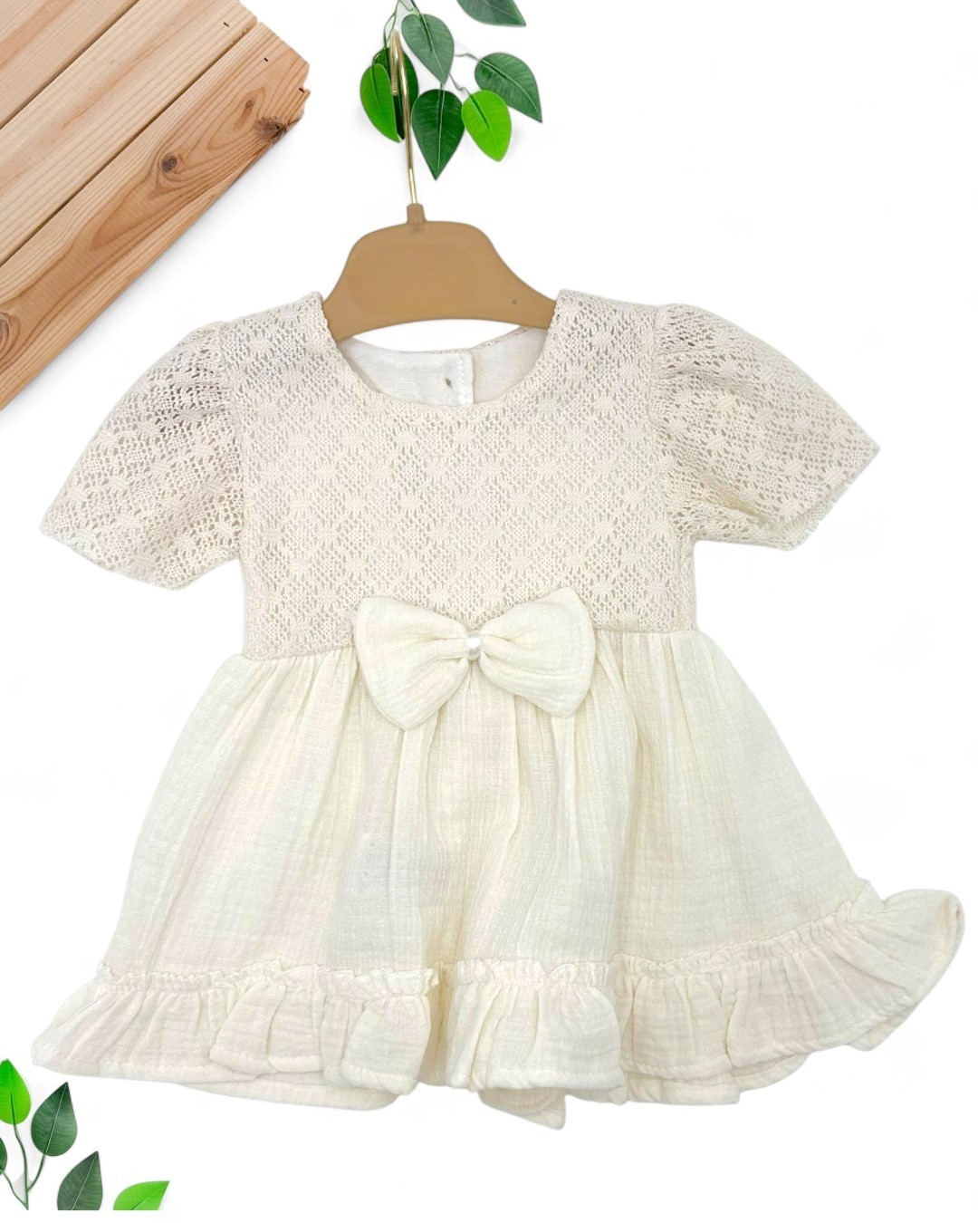 KIZ BEBEK DAR KALIP 6-9-12-18-24 AY FİYONK DETAYLI YAZLIK MÜSLİN ELBİSE R1826 - KREM