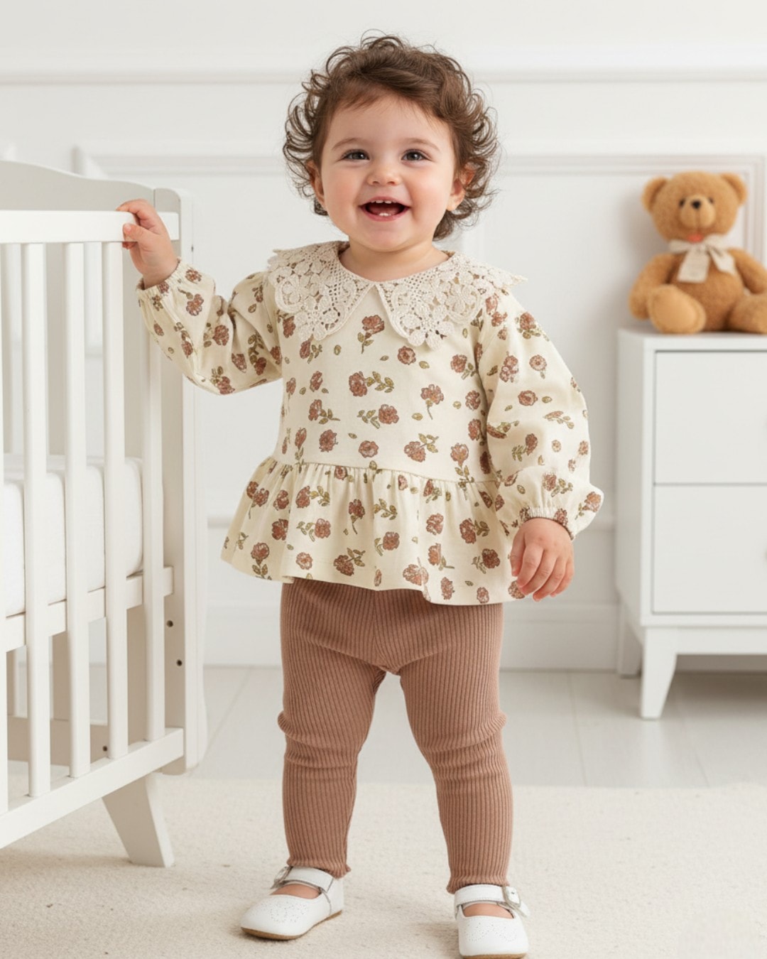 Kız Bebek Özel Tasarım Bebe Dantel Yakalı, % 100 Pamuk Fitilli Taytlı 9-12-18-24 Ay Şık Bebek Takım R2145 - VİZON