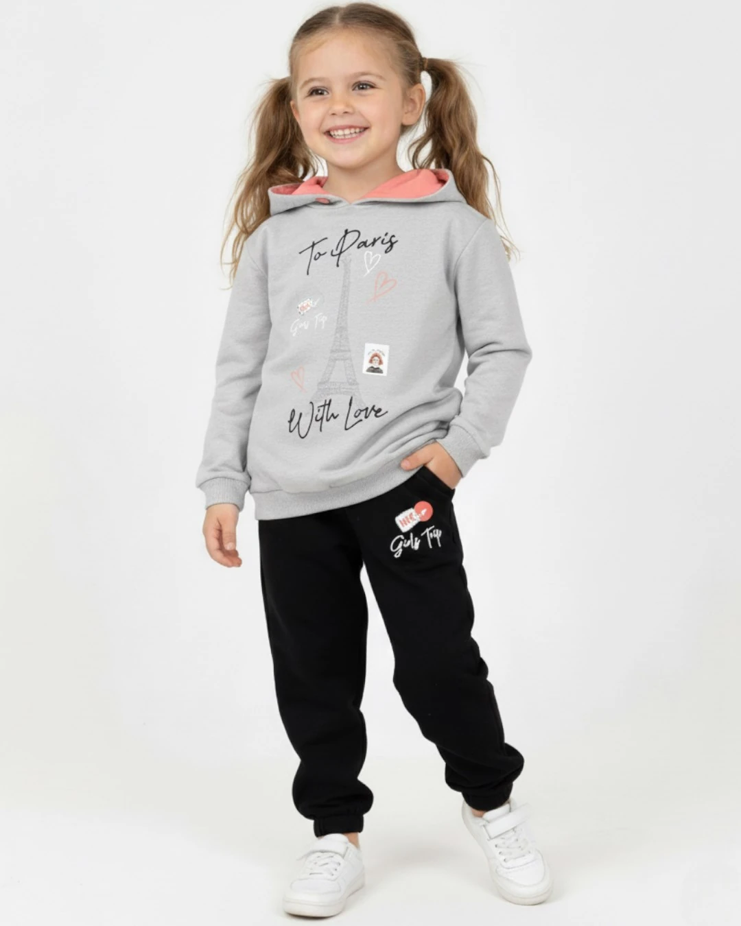 Kız Çocuk 6-7-8-9-10 Yaş Mevsimlik Kapüşonlu Paris Baskılı Alt Üst Eşofan Takım R2328 - GRİ