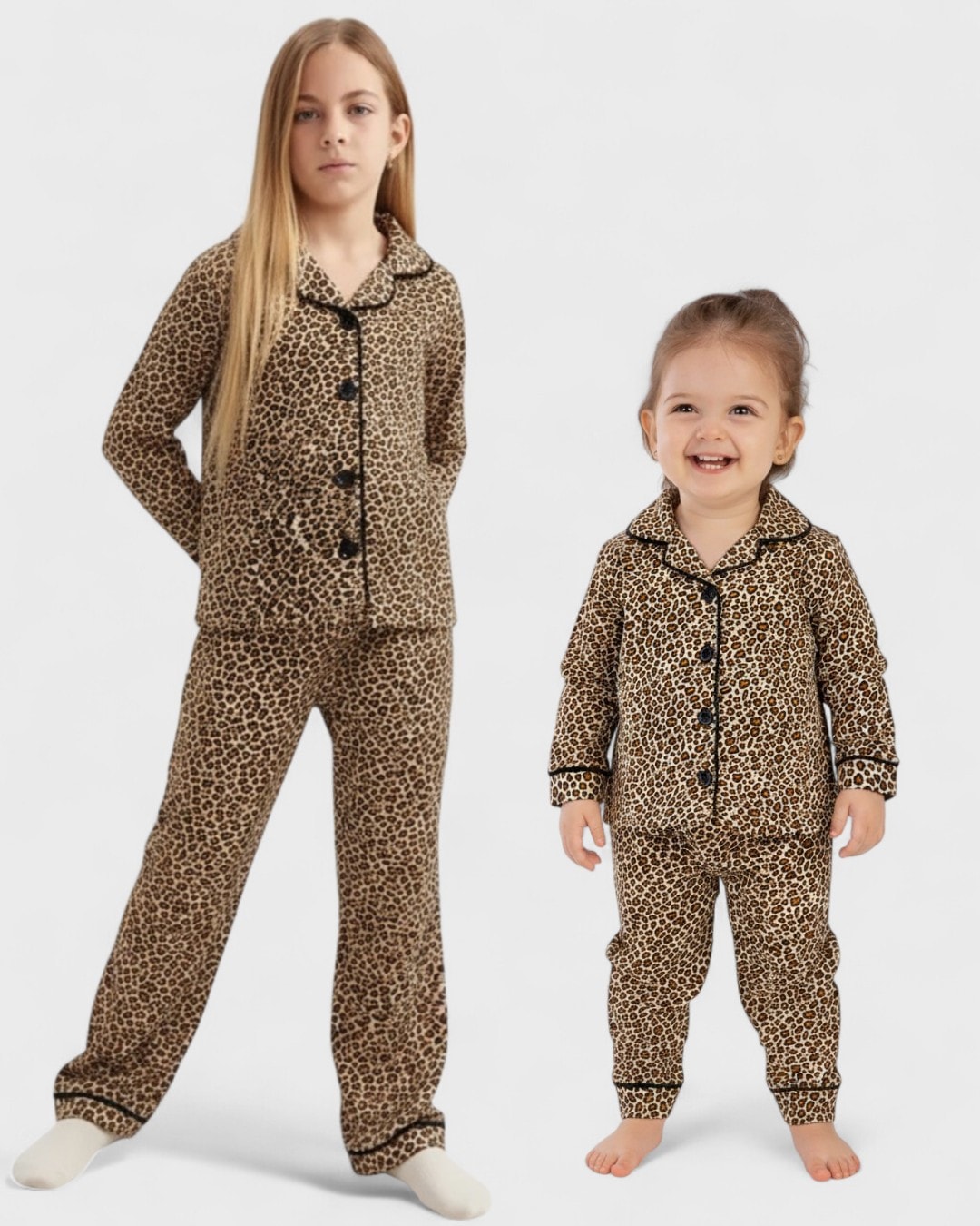 Kız Çocuk Leopar Desenli Kruvaze Yakalı, Düğmeli Mevsimlik Gecelik Pijama Takımı l 6 Ay 14 Yaş AralıK