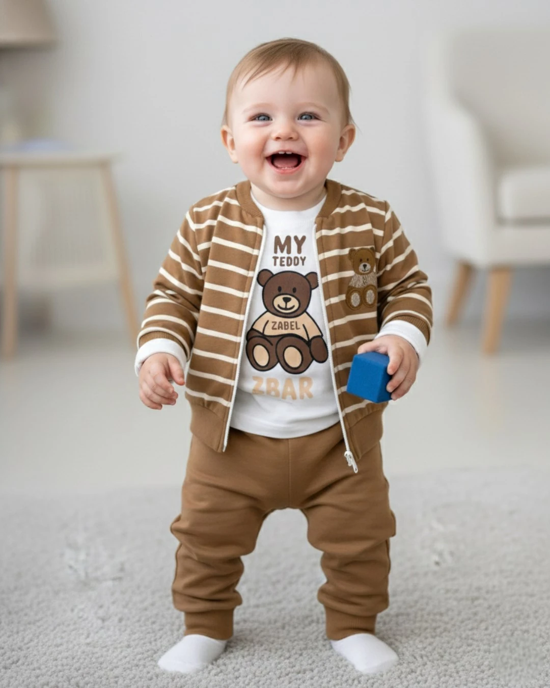 Erkek Bebek Çizgili Ceketli, 3'lü Mevsimlik Şık Alt Üst Takım, 6-9-12-18-24 Aylık 3'lü Bebek Takımı R2395 - KAHVE