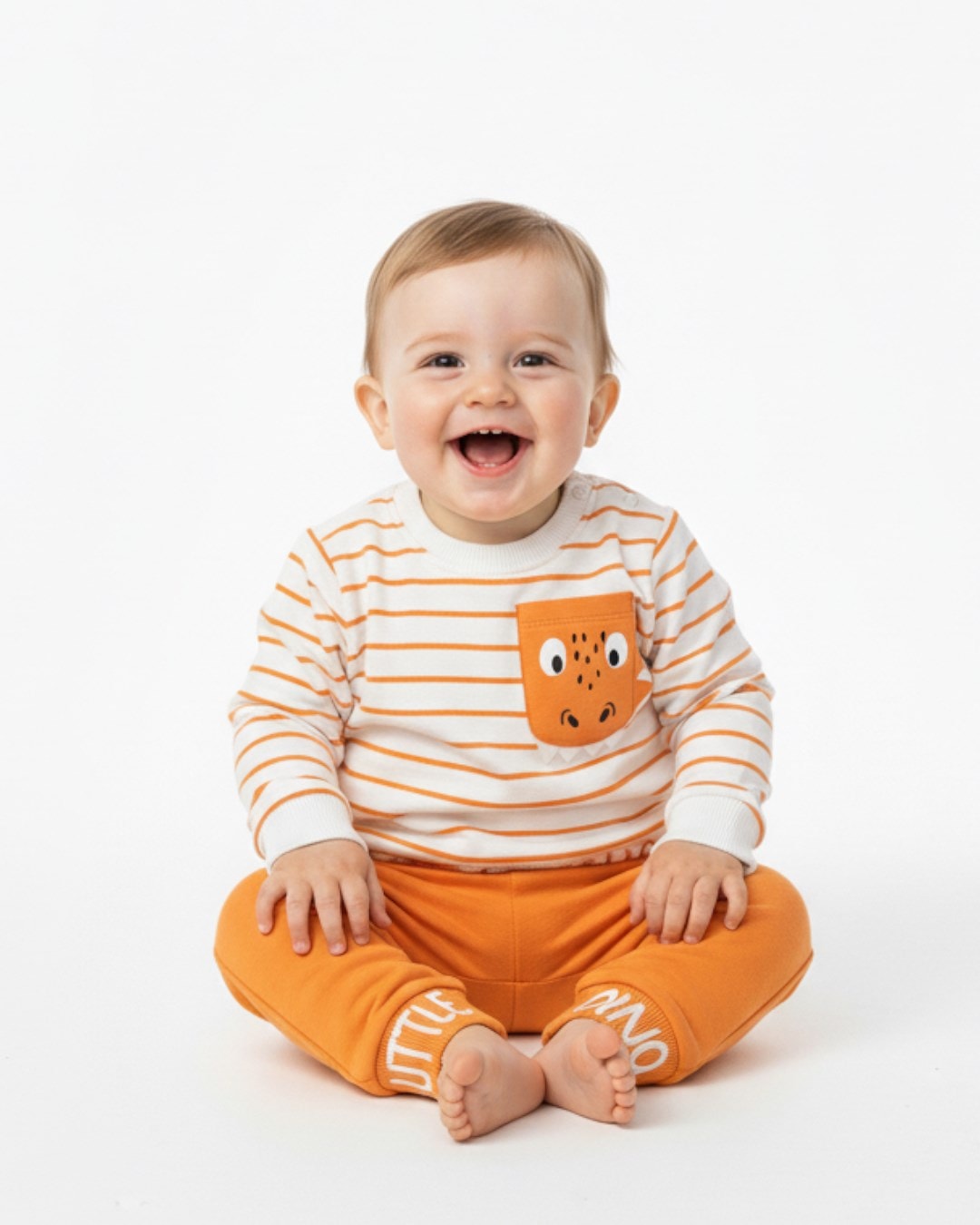Erkek Bebek Mevsimlik Çizgili Bisiklet Yaka Uzun Kollu %100 Pamuk Bebek Takımı R639 - TURUNCU