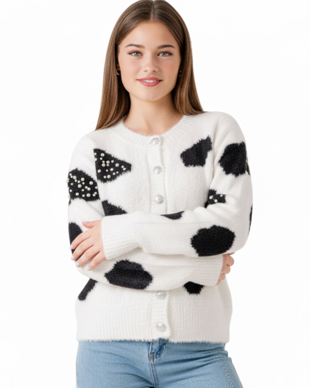 Kız Çocuk Tüylü Triko Hırka, 9-10-11-12-13-14-15 Yaş, Taş İşlemeli Düğmeli Hırka R2332