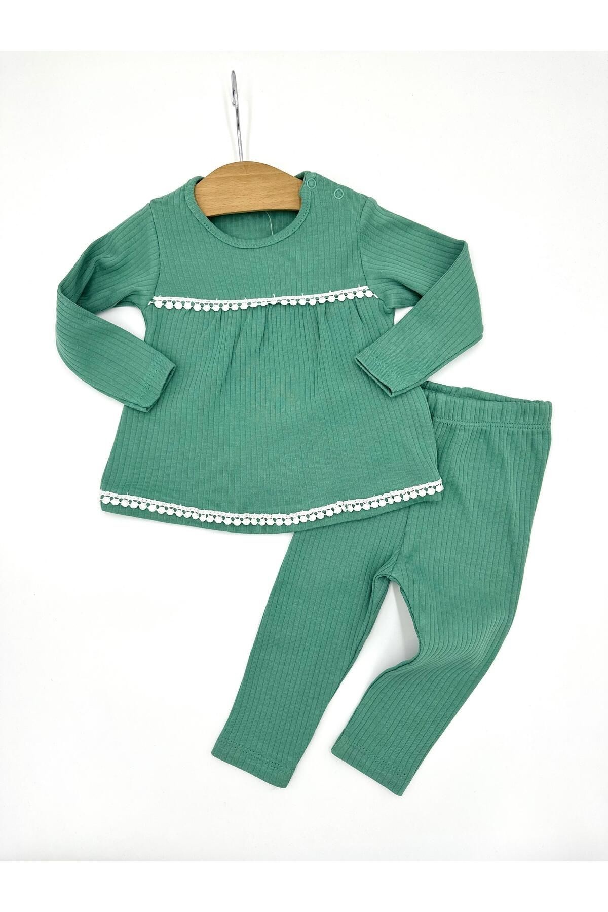 FİTİLLİ DANTEL GÜPÜRLÜ KIZ BEBEK TAKIMI , MEVSİMLİK, UZUN KOLLU,  FİTİLLİ KIZ BEBEK TAKIMI 6-24 AY R960 - YEŞİL