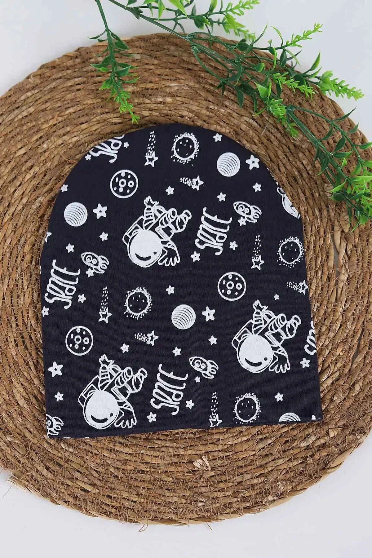 Space Baskılı Penye Kumaş Çocuk Beresi 1-3 Yaş BR36 - SİYAH
