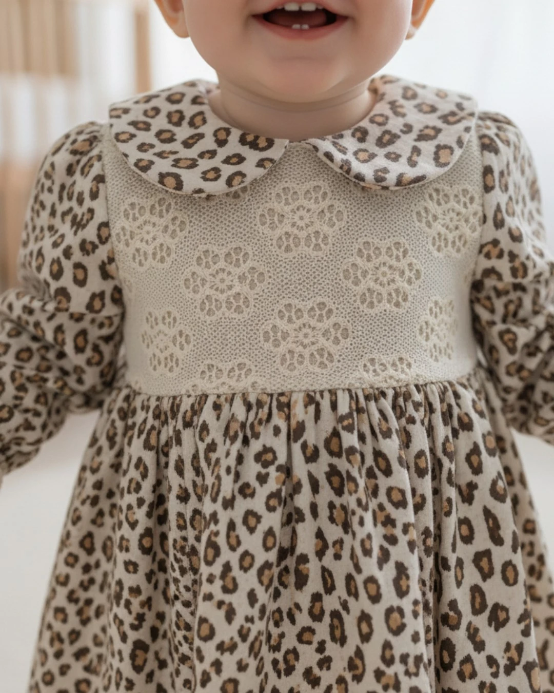 Kız Bebek Dantel Detaylı Leopar Elbise, Müslin Kumaş, 6-9-12-18-24 Ay Özel Gün Elbisesi l Bayramlık R2346