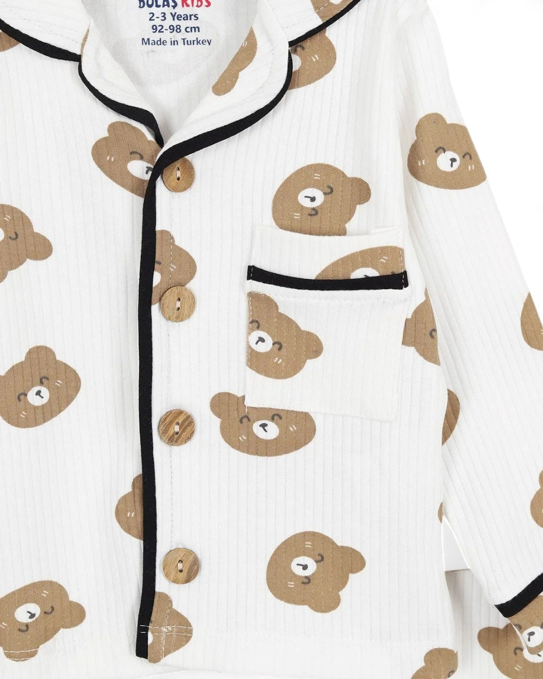 Erkek 0-6 Yaş Ayıcık Baskılı, Kruvaze Yakalı Mevsimlik Düğmeli Gecelik Pijjama Takımı R2183