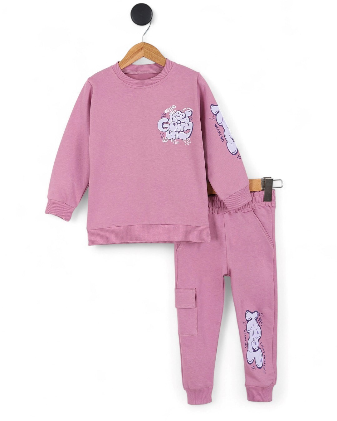 Kız Çocuk Sırtı Baskılı Sweatshirt ve Kargo Cepli Eşofman Altlı 6-7-8-9-10 Yaş Eşofman Takımı  R2143 - GÜL KURUSU