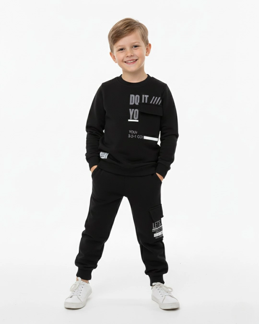 Erkek Çocuk Kışlık 3 İp Şardonlu 2-3-4-5-6-7-8-9-10 Yaş Eşofman Takımı, Kışlık Alt Üst Takım R2388 - SİYAH