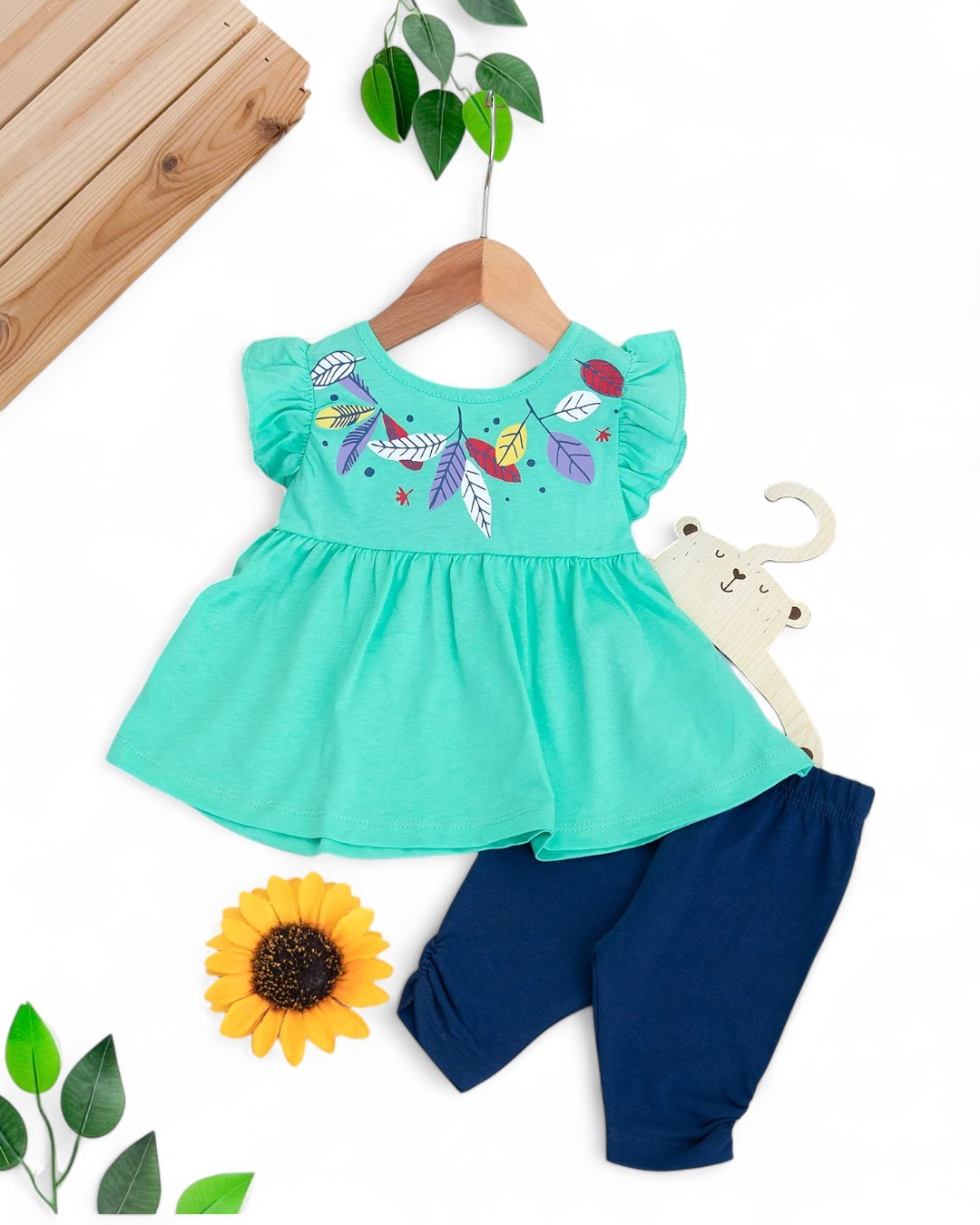 KIZ BEBEK ÇİÇEK BASKILI SIRTI AÇIK YAZLIK 6-9-12-18-24 AY ALT ÜST TAKIM R1847 - YEŞİL