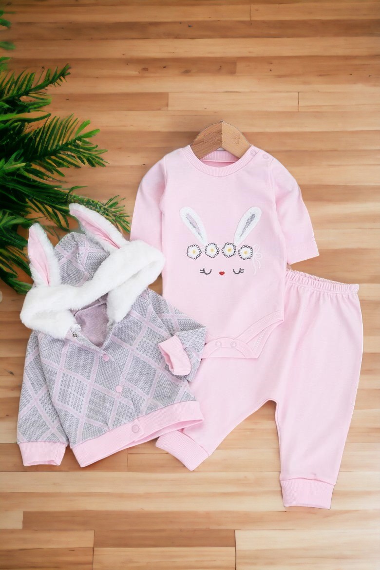 KIZ BEBEK KAPÜŞONLU TAVŞAN KULAKLI ÇİZGİLİ TAVŞAN BASKILI 3 PARÇA ZIBINLI ŞİRİN KIZ BEBEK TAKIM R335 - PEMBE