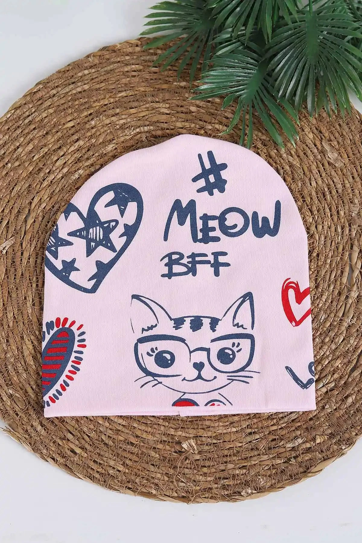 Kedi Baskılı Penye Kumaş Çocuk Beresi 1-3 Yaş BR35 - PEMBE