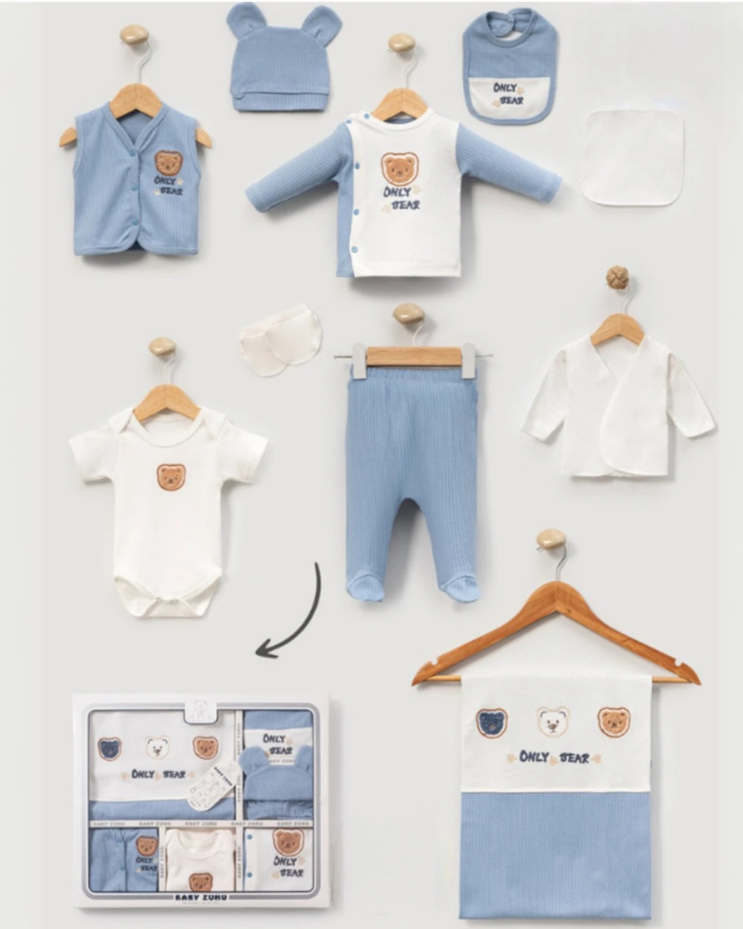 Erkek Bebek Bear Ayıcık Nakışlı Fitilli, 10 Parça Hastane Çıkışı Zıbın Seti R2359 - MAVİ