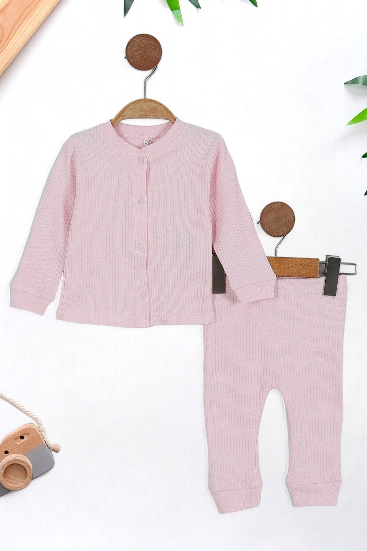 BEBEK PİJAMA TAKIMI FİTİLLİ ÇITÇITLI DÜZ RENK 3-18 AY %100 PAMUK R1052 - PEMBE