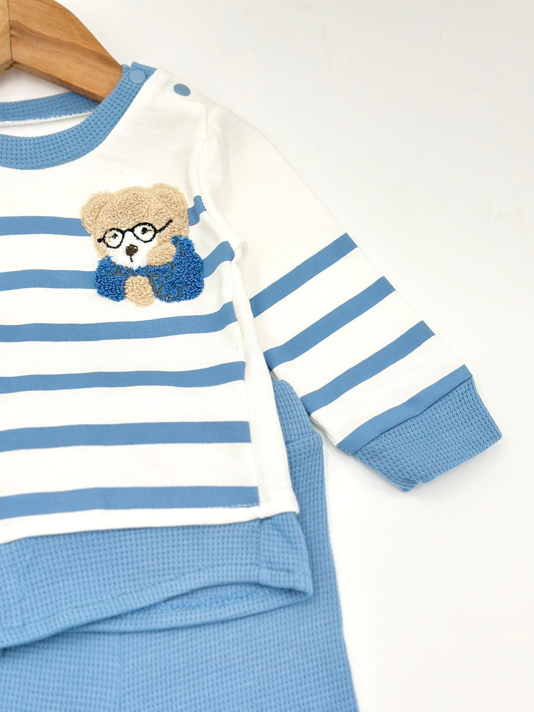 Erkek Bebek Takımı Ayıcık Nakışlı Mevsimlik Uzun Kollu Bisiklet Yaka Çizgili Sahte Gömlekli Takım R632