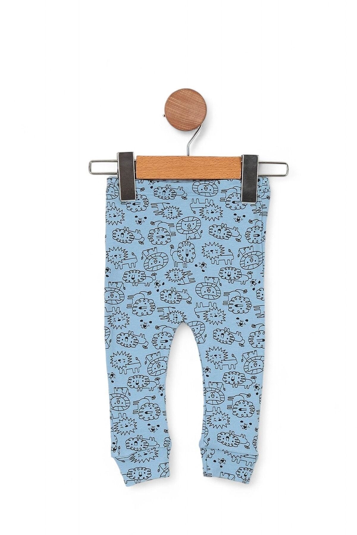 Bebek Aslan Baskılı Çıtçıtlı Gecelik Takımı 3-12 Ay %100 Pamuk,  Uzun Kollu Gecelik Takımı R1053